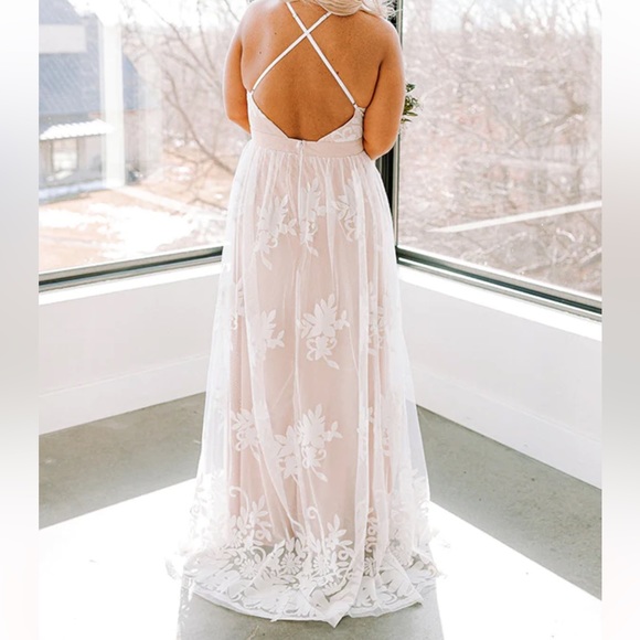 Special Occasion Maxi Dress with Velvet Floral Detail, Size M, Color Nude&White - Picture 3 of 16